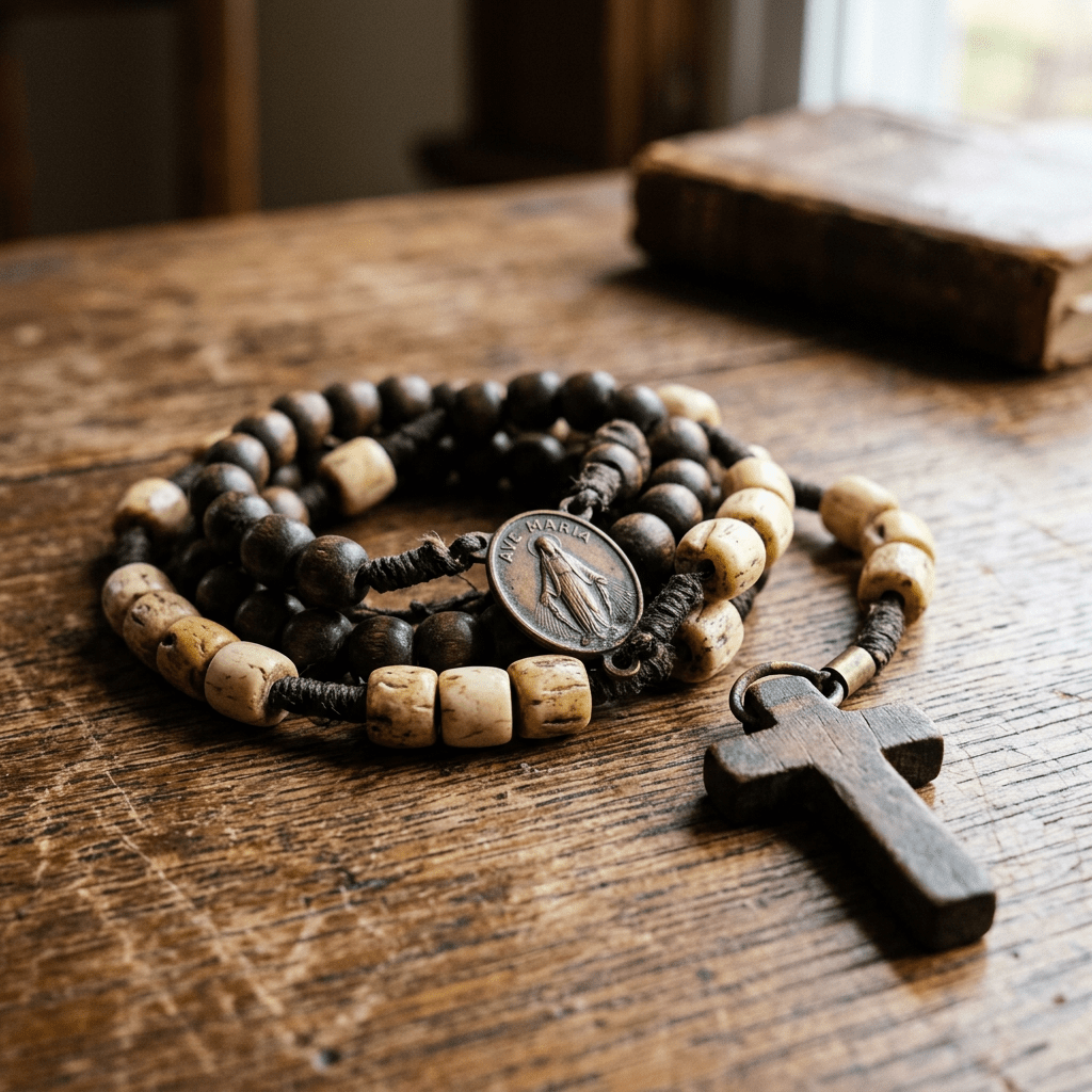 Wooden rosary beads with a medal and cross laid on a wooden table with a book in the background
