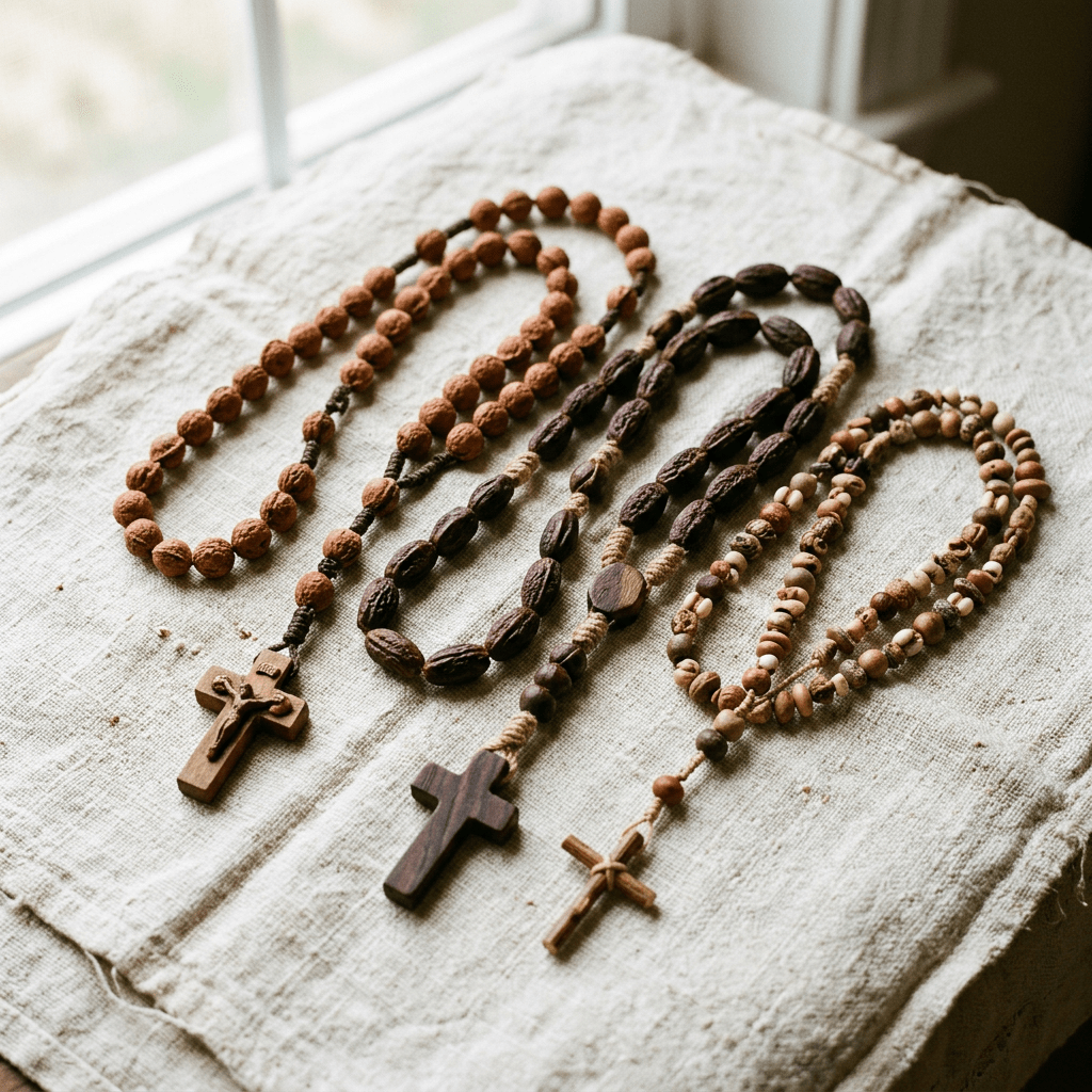 Three wooden rosary necklaces with crosses on a beige cloth near a window