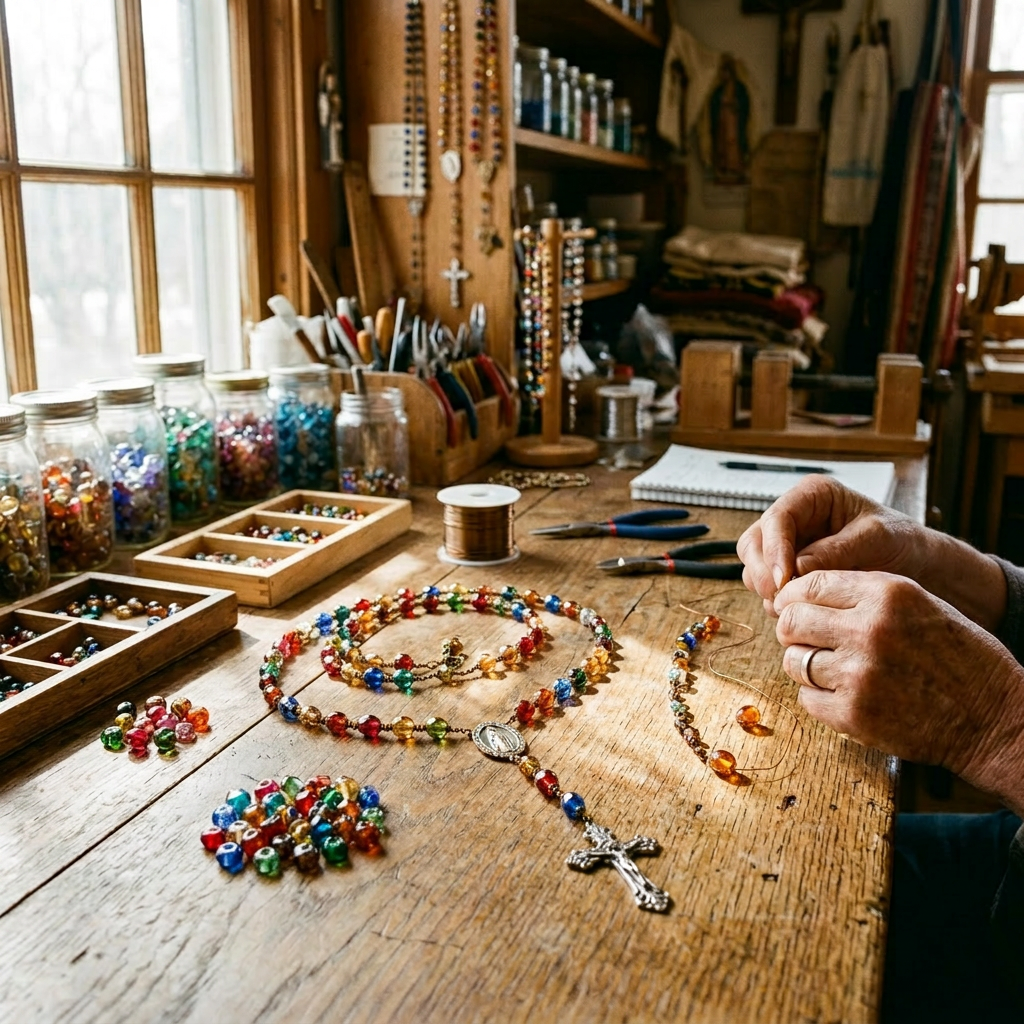 Hands stringing colorful glass beads to form a rosary with a silver cross on a wooden table