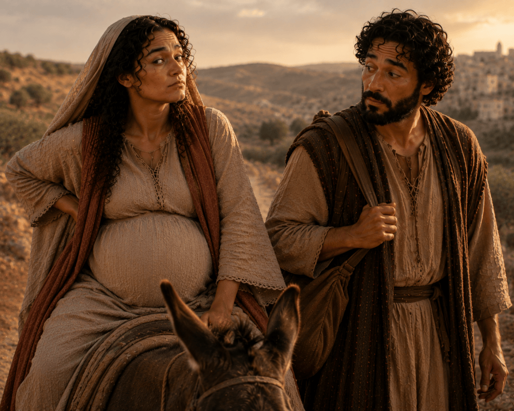 Did Mary ever look at Joseph during that journey with an expression that clearly meant, “Do not speak to me right now”? 