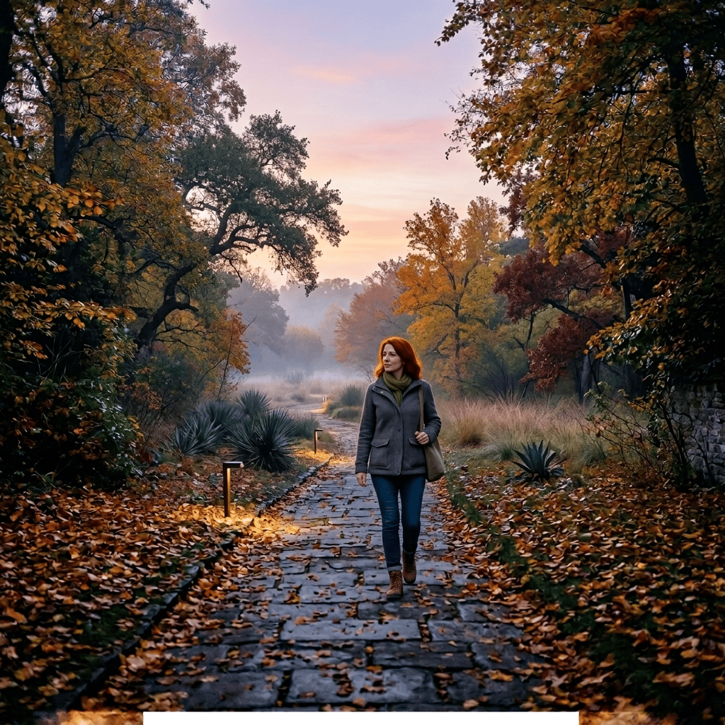Leaf-covered path leading through autumn trees to a stone church